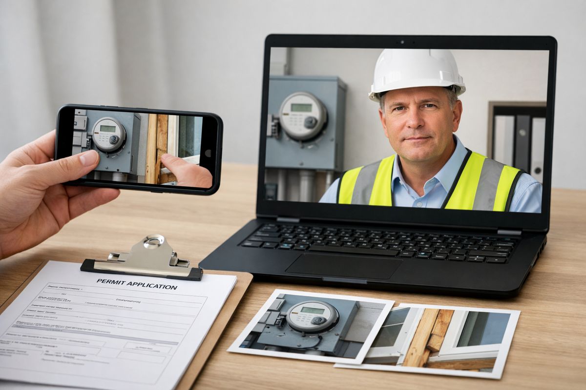A municipal inspector reviewing a house exterior through a live video call while a resident on site points a phone camera at an electrical meter and window framing, with a clipboard of permit papers and close-up photos laid out on a table beside the device