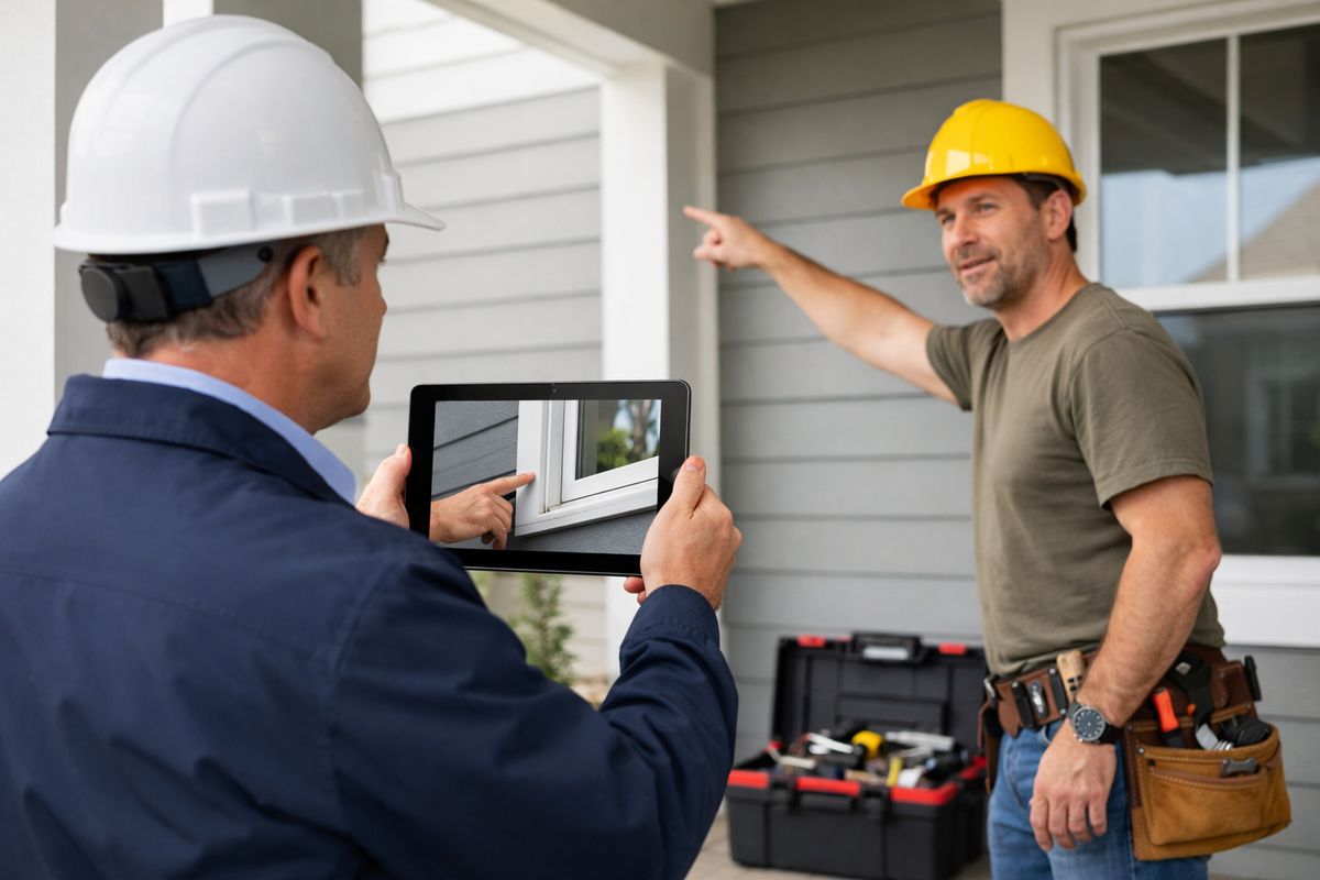 A municipal building inspector reviewing a house exterior through a tablet held up near a front porch, while a contractor stands beside an open toolbox and points toward a window frame being inspected remotely