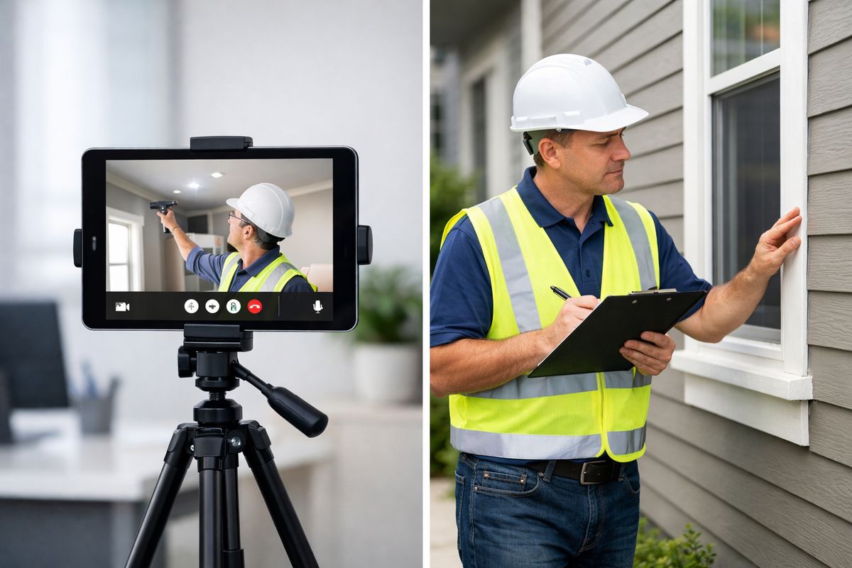 A split scene showing a building inspector reviewing a property remotely through a tablet mounted on a tripod in one half, while the other half shows an inspector walking through a house exterior in person, clipboard in hand, examining siding and windows