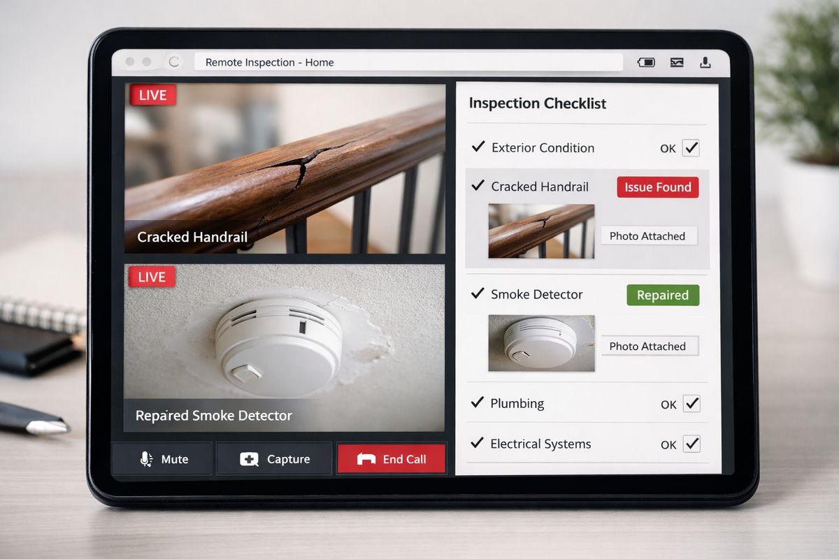 A remote home inspection in progress on a tablet browser, showing a cracked handrail and a repaired smoke detector in separate camera frames, with a checklist panel beside the video and captured still images stored next to the matching inspection items