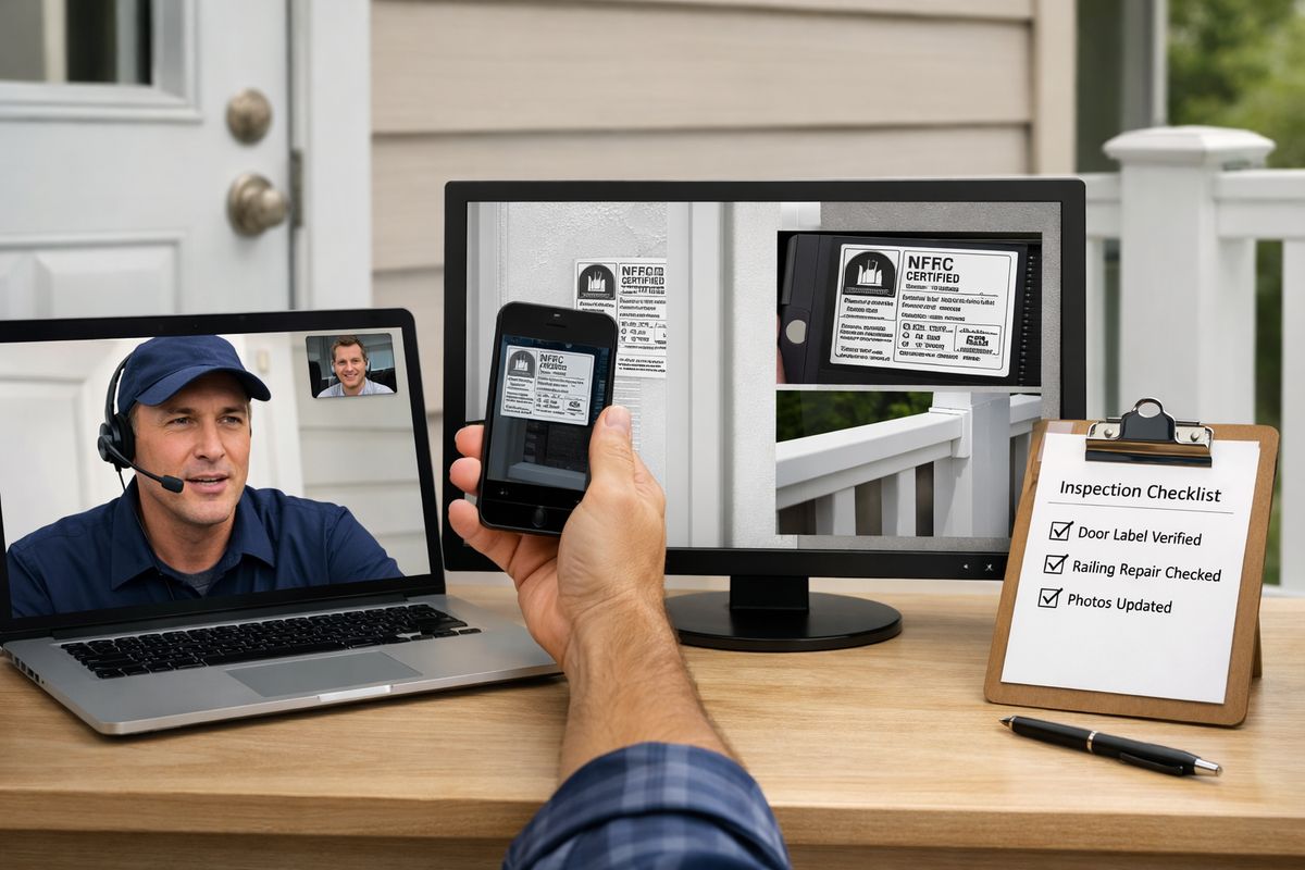 10 Remote Inspection Use Cases for Agencies and CBOs A home exterior during a remote follow-up inspection, with an inspector on a live video call directing someone on-site to hold a phone up to a newly installed door label and a repaired railing, while a second screen shows close-up images of the completed corrections and a clipboard with a short checklist beside them.