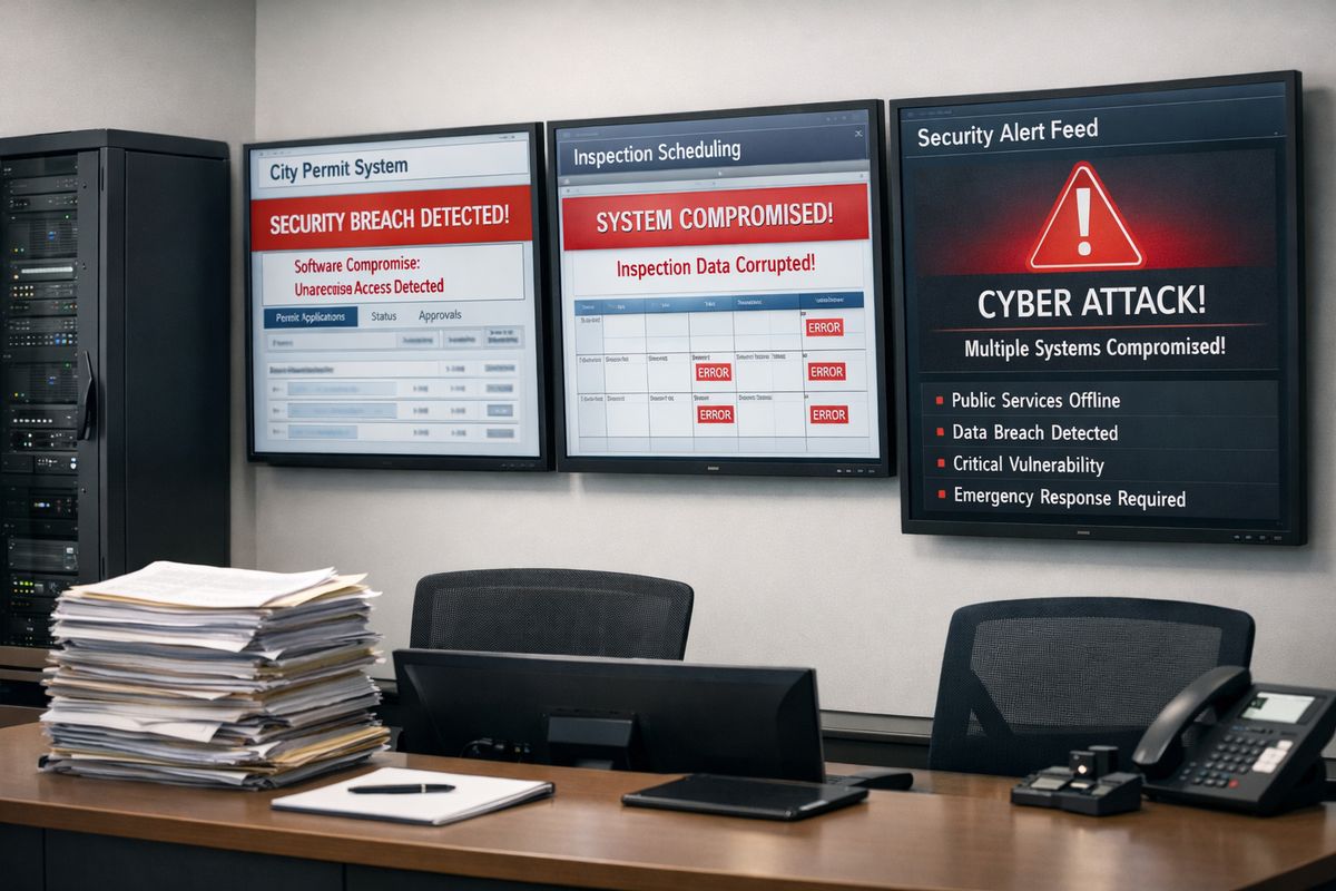 A government operations room with multiple wall-mounted screens showing a city permit system, an inspection scheduling interface, and a security alert feed, alongside a server rack cabinet and a stack of paperwork on a desk, suggesting a widespread software compromise affecting public services.