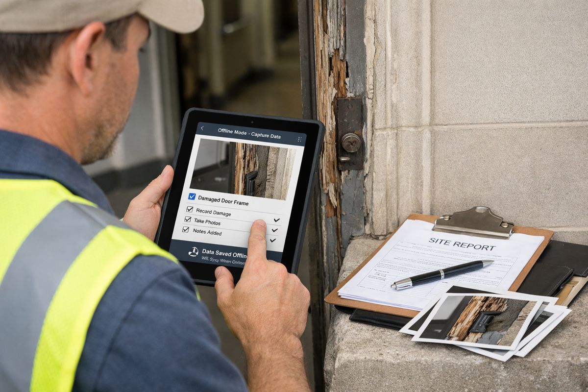A field inspector on a tablet at the entrance of an older municipal building, photographing a damaged door frame and entering checklist items while the app syncs later from an offline capture state, with a clipboard, site documents, and a small pile of photo evidence visible beside the device.