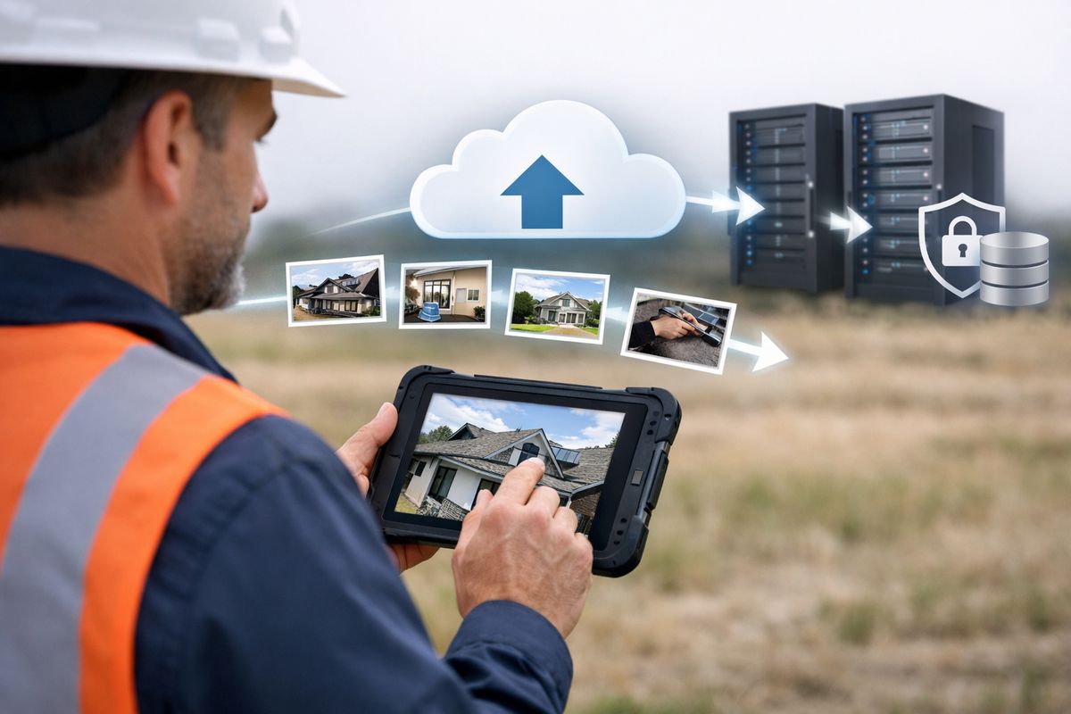 A remote inspection workflow in a field setting, with a worker uploading property photos from a rugged tablet while the images move through a cloud storage system, shown as file thumbnails traveling toward secure servers and backup storage icons in the background