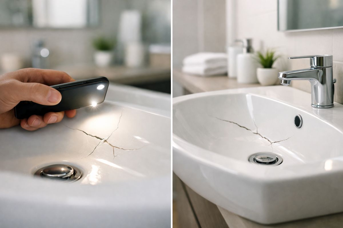 A close-up of a cracked sink basin being examined with a bright phone flashlight, with the wider bathroom visible in the background and a second view showing the same sink from a different angle