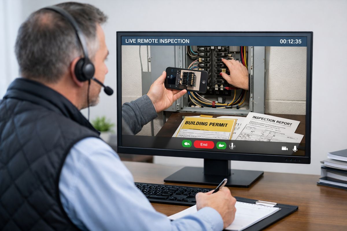 Remote Video Inspection: How It Works in Government A building inspector reviewing a live remote inspection on a screen while the camera view shows a person in a utility room opening an electrical panel, holding the phone steady, and pointing the camera at wiring, breakers, and permit documents spread on a nearby table
