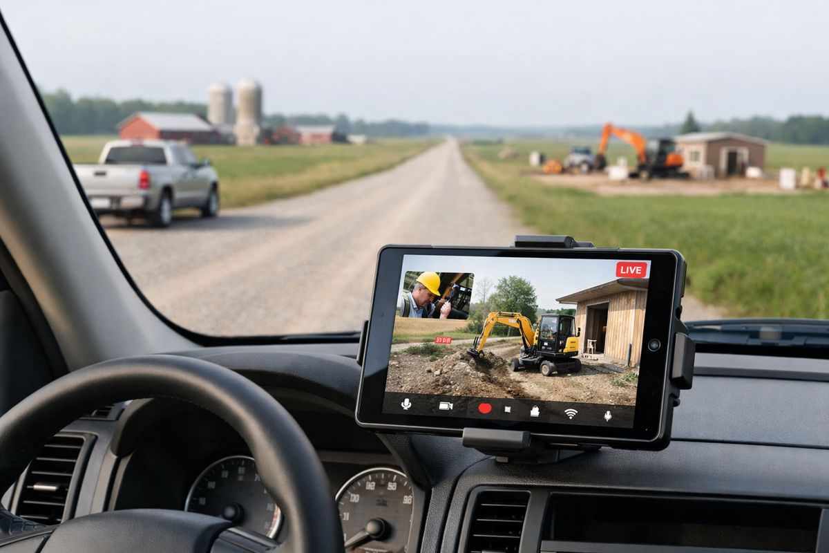 A rural road stretching between distant farm buildings and job sites, with a pickup truck parked far from a small construction project and a tablet showing a live inspection video feed mounted near the dashboard, emphasizing reduced travel between scattered locations