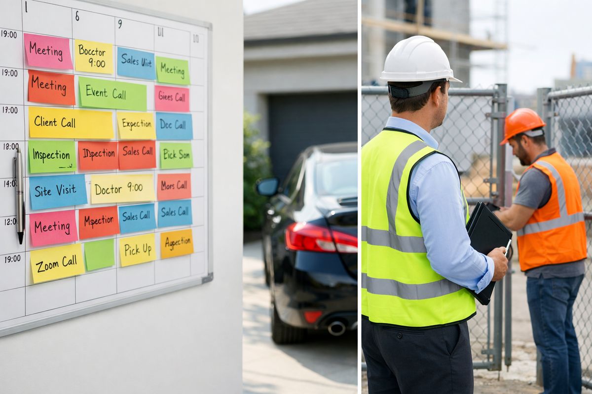 A wall calendar crowded with back-to-back appointment blocks beside a car parked in a driveway, and a second scene of an inspector standing at a site entrance waiting while a contractor opens a gate, illustrating travel delays and scheduling friction