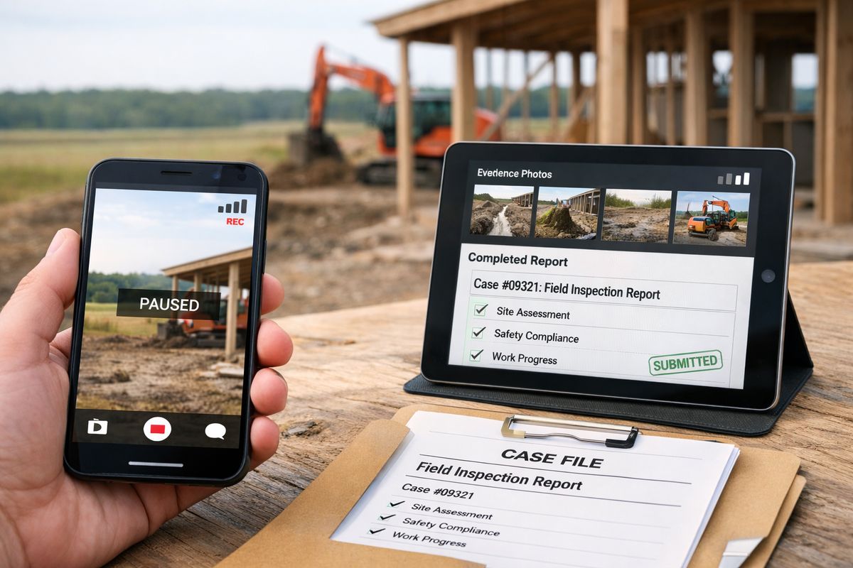 A rural field inspection scene where a smartphone and tablet are being used at a partially finished job site with weak signal bars, a paused live video feed, saved evidence thumbnails, and a completed report attached to a case file folder
