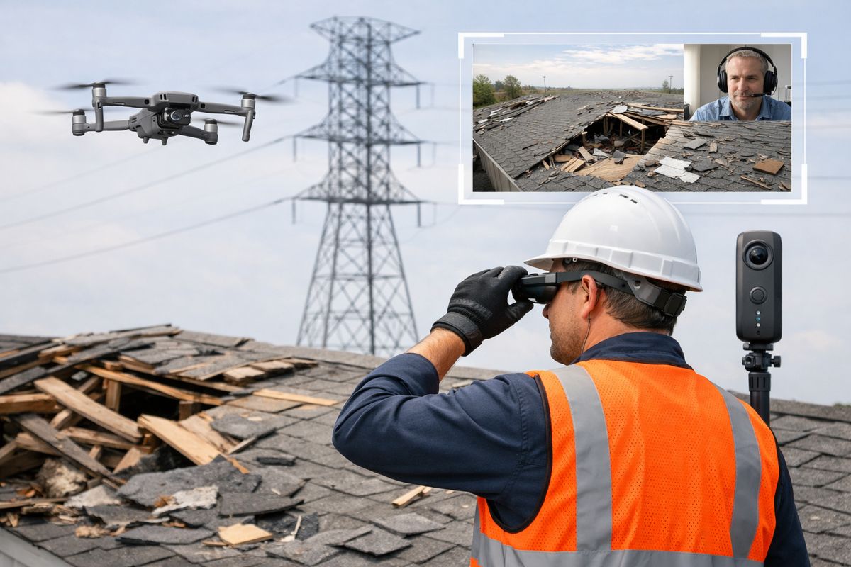10 Remote Inspection Use Cases for Agencies and CBOs A drone hovering above a damaged rooftop near a utility tower, capturing aerial video while an on-site worker in safety gear uses smart glasses to stream the view to a remote reviewer, with a 360-degree camera mounted nearby and storm debris visible around the structure.