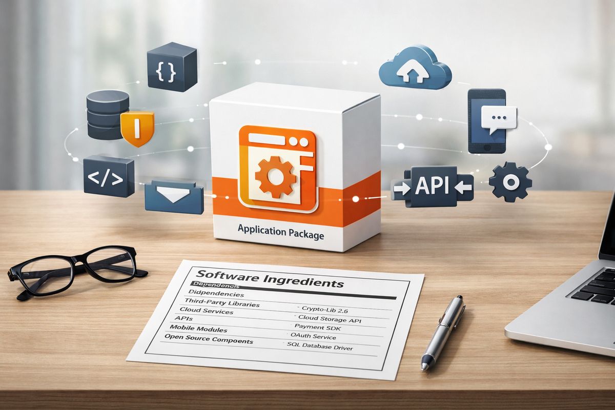 A software supply-chain assembly scene with a central application package surrounded by floating third-party components, cloud service icons, mobile app modules, API connections, and an ingredient-label style document laid out on a table, conveying the many dependencies inside one software product.