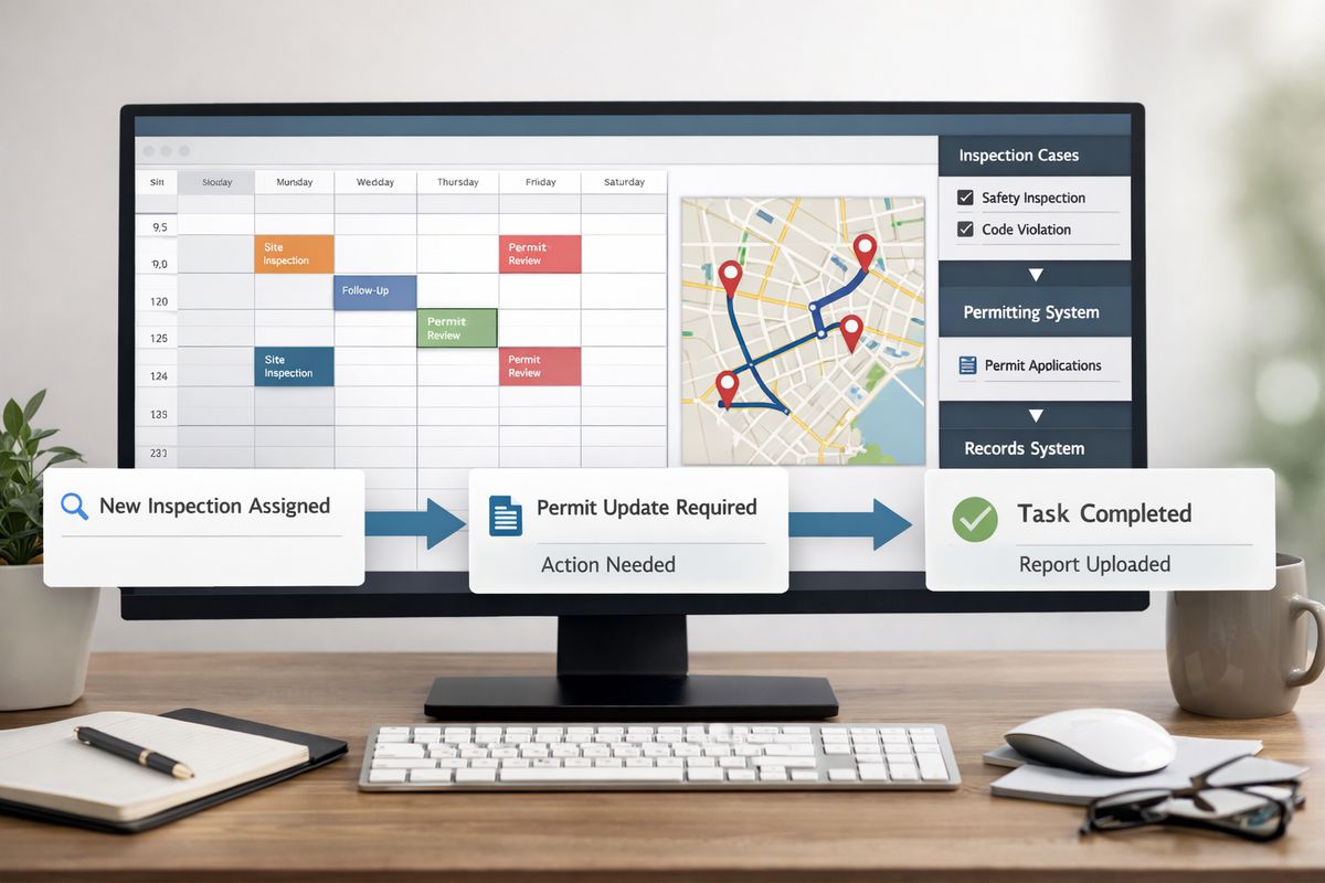 A scheduling and workflow setup scene showing a desktop monitor with a calendar grid and route map open, a side panel connecting inspection cases to permitting and records systems, and a series of notification cards and assignment arrows moving between different software screens.