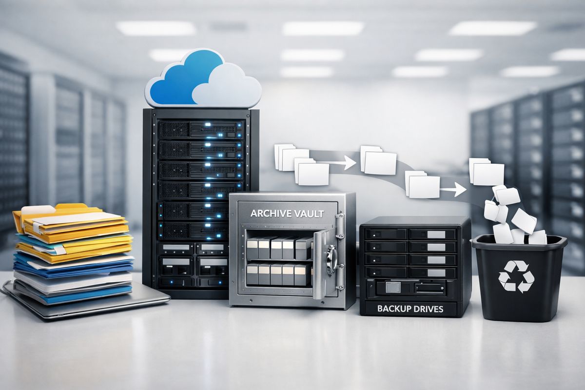 A records management scene with stacked digital file folders, a cloud storage server rack, archived backup drives, and a deletion process shown as files moving from active storage into an archive vault and then into a trash bin, all in a clean data center environment
