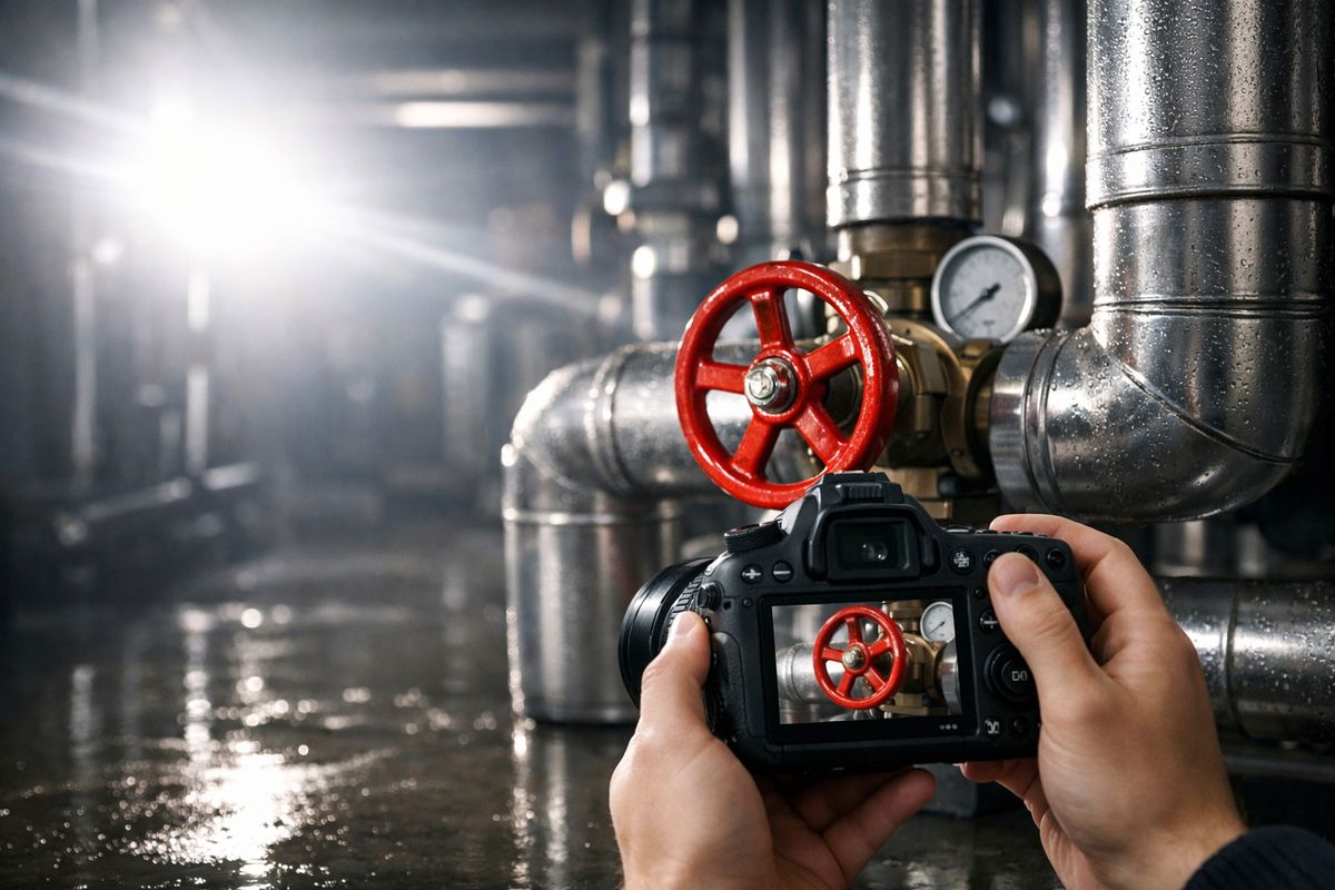 A dim mechanical room with reflective metal pipes, a wet floor, and a hand-held camera aimed at a valve while glare from a work light washes part of the image