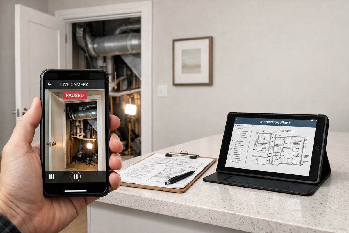 Remote Video Inspection: How It Works in Government A residential property interior with a smartphone mounted in one hand showing a paused live camera view of an open access panel, a bright work light aimed into a basement mechanical area, a tablet resting on a countertop with inspection plans beside it, and a doorway left open for clear access