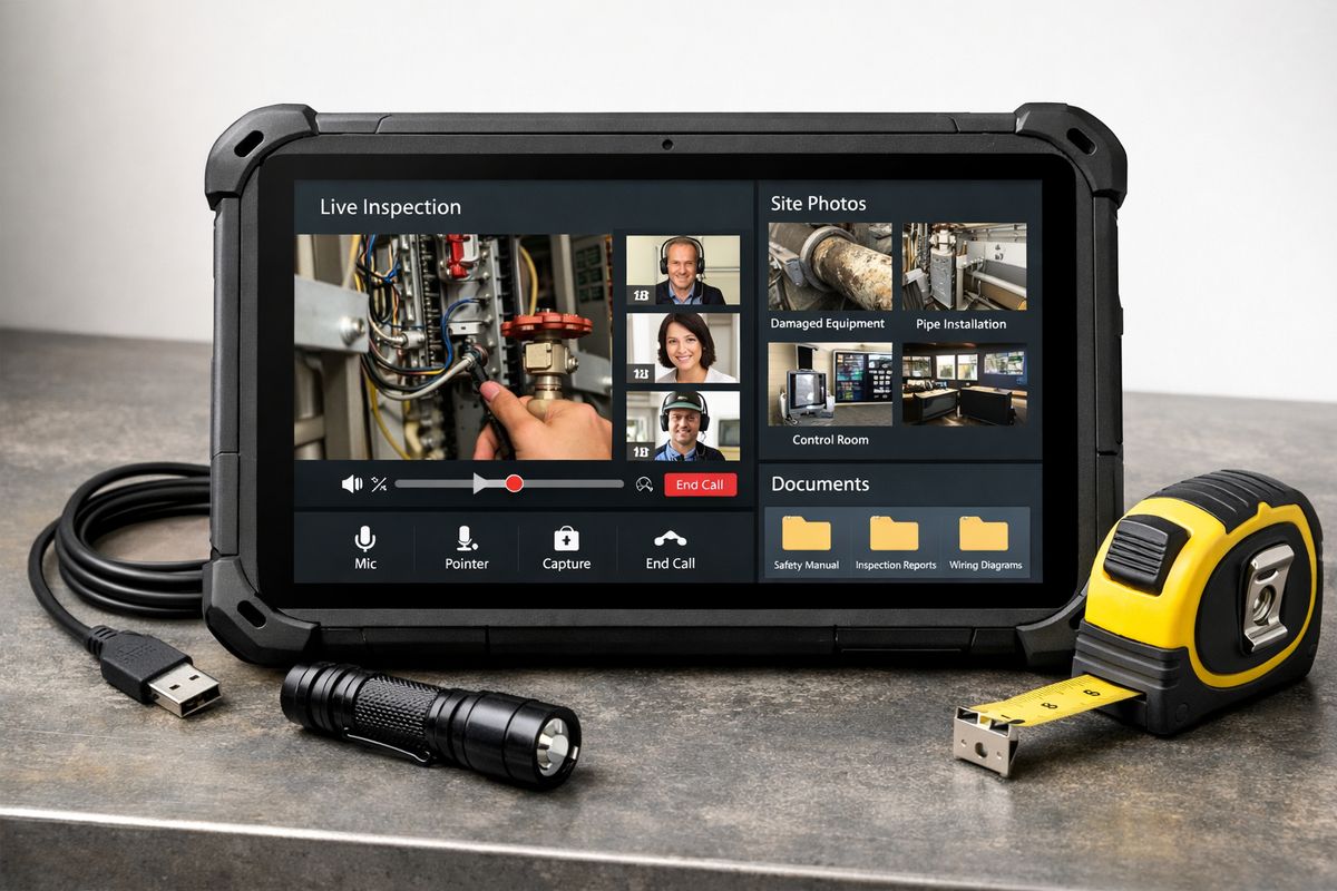 A rugged tablet showing a remote inspection session with a split view of live video, uploaded site photos, and document folders, alongside a phone charging cable, a small flashlight, and a tape measure arranged on a workbench