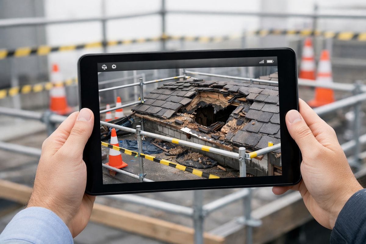 An inspection of a damaged rooftop area viewed from a safe distance through a tablet screen, with scaffolding, cones, and a partially cordoned-off work zone visible below, showing remote access to a hazardous site