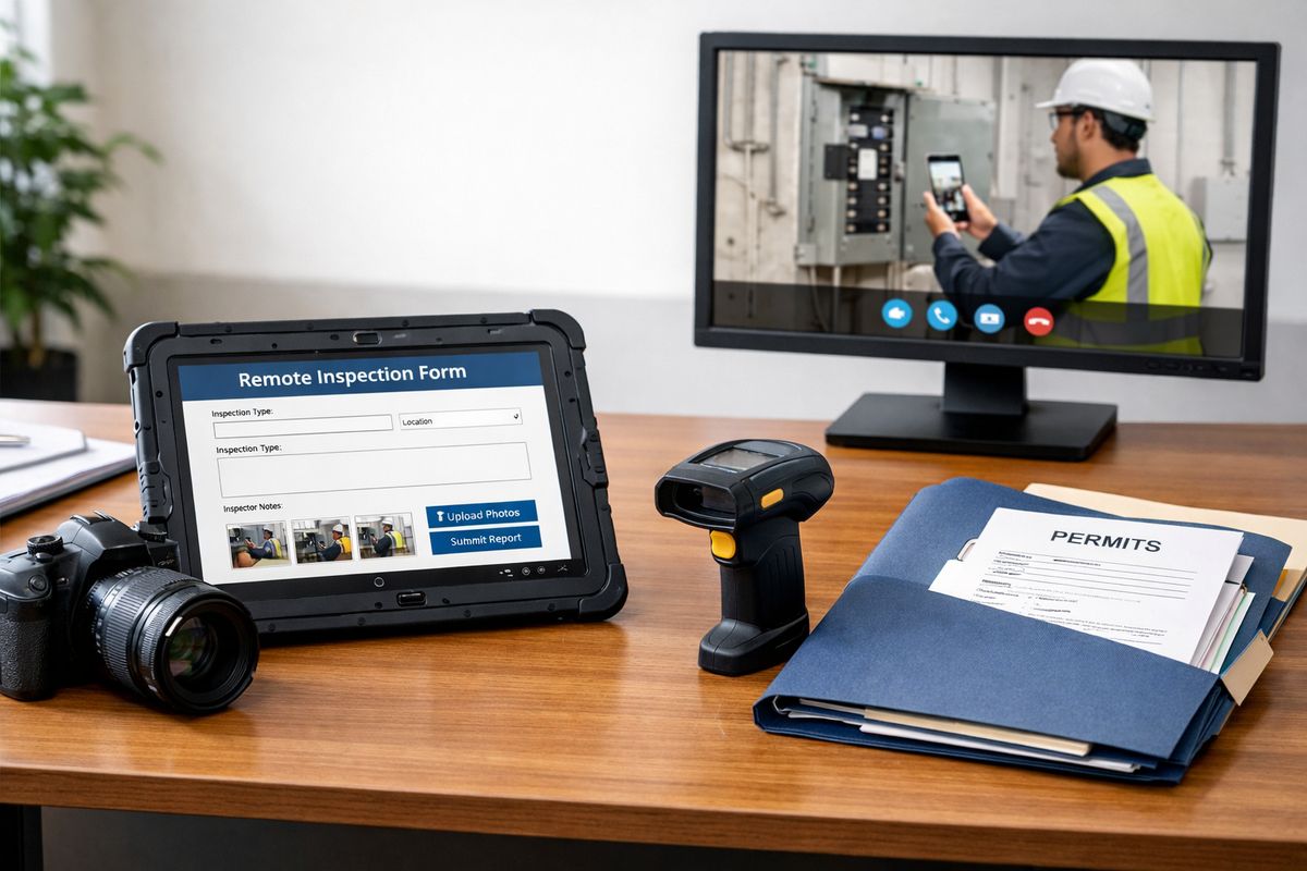 A field inspection workflow showing a rugged tablet open to a remote inspection form, a camera, a handheld barcode scanner, a folder of permit documents, and a live video feed on a monitor in a municipal office, representing secure photo uploads, record review, and remote inspection work.