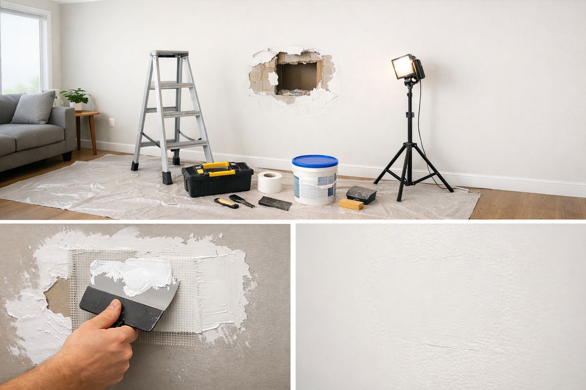 A step-by-step inspection setup on a residential repair site showing a wide shot of a room, a medium shot of a wall repair, and a tight close-up of the finished patch from a slightly different angle