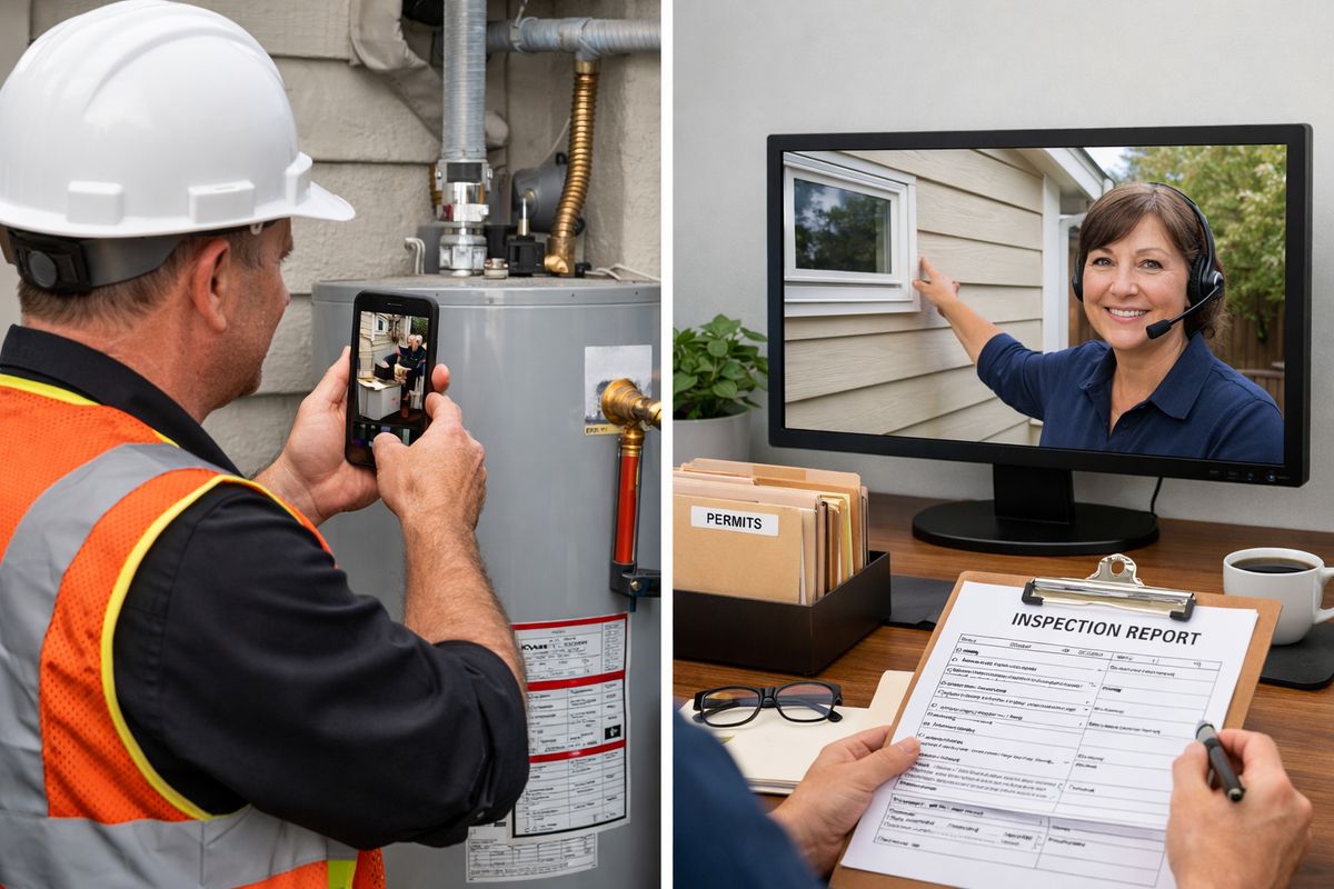 Remote Video Inspection: How It Works in Government A municipal building department inspection scene split between a field site and an office, with a remote inspector on a screen viewing a house exterior while a site contact walks around the property holding a phone up to a water heater and finished repair work, alongside a county-style permitting workspace with folders and inspection forms