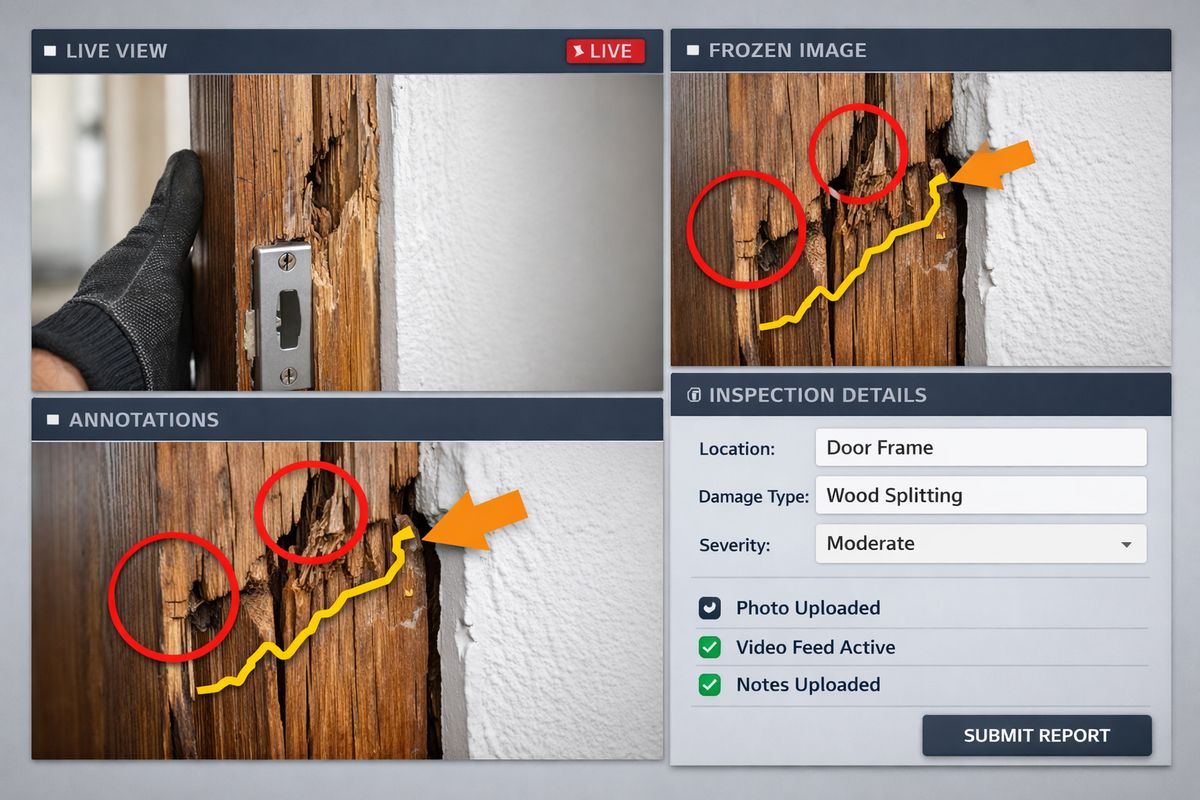A split-screen remote inspection interface showing a live video feed of a damaged door frame, a frozen close-up image, annotation marks drawn on the frame, and a side panel with inspection fields and upload indicators