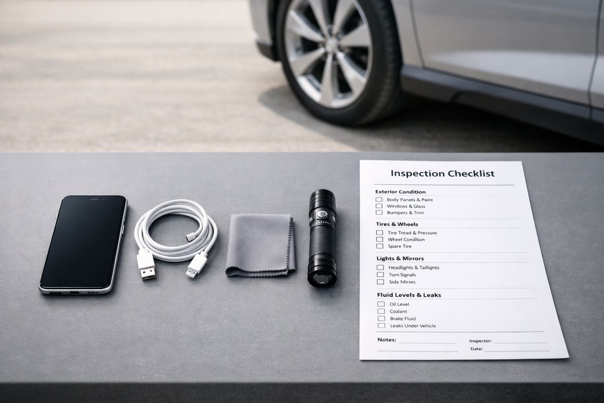 A tabletop inspection kit with a clean smartphone, charging cable, lens cloth, spare flashlight, and printed inspection checklist laid out next to a vehicle parked outside for a guided walkaround